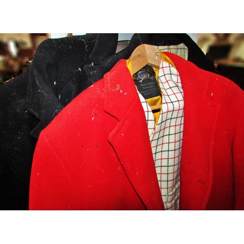 489 - A red fox hunting jacket with a waistcoat and three further black hunting jackets, (as Found)