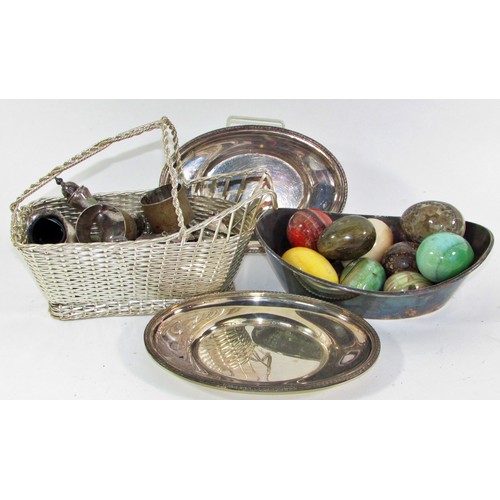 264B - A miscellaneous collection of silver plated table ware, including two trays, a cooling rack, a wine ... 