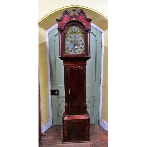 1354 - A Georgian mahogany longcase clock, the trunk with reeded column supports, the hood with swan neck p... 