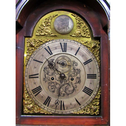 1354 - A Georgian mahogany longcase clock, the trunk with reeded column supports, the hood with swan neck p... 