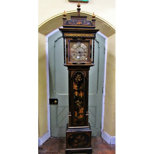 1355 - An 18th century oak longcase clock with black chinoiserie finish, with pagoda hood enclosing a squar... 