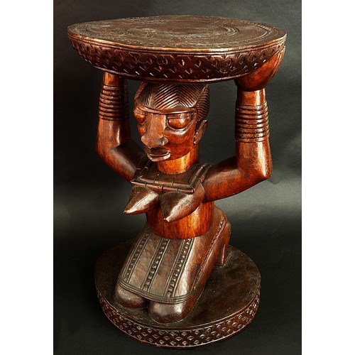 1735 - Attributed to the Fakeye group, a large Yoruba / Nigerian carved figural hardwood stool, in the form... 