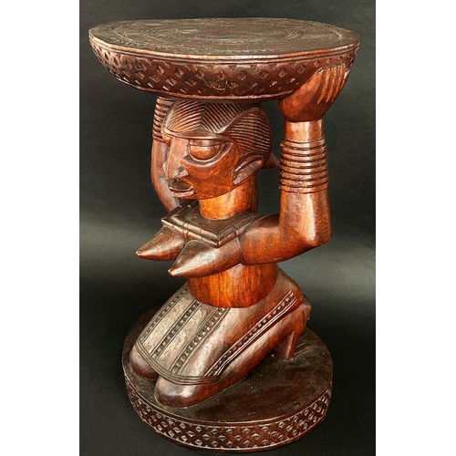 1735 - Attributed to the Fakeye group, a large Yoruba / Nigerian carved figural hardwood stool, in the form... 