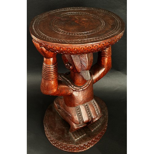 1735 - Attributed to the Fakeye group, a large Yoruba / Nigerian carved figural hardwood stool, in the form... 