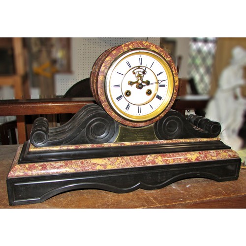 448A - A large Victorian polished slate and marble mantle clock, with applied presentation script