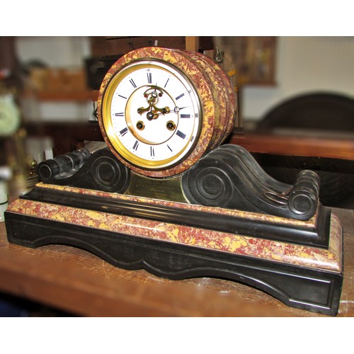 448A - A large Victorian polished slate and marble mantle clock, with applied presentation script