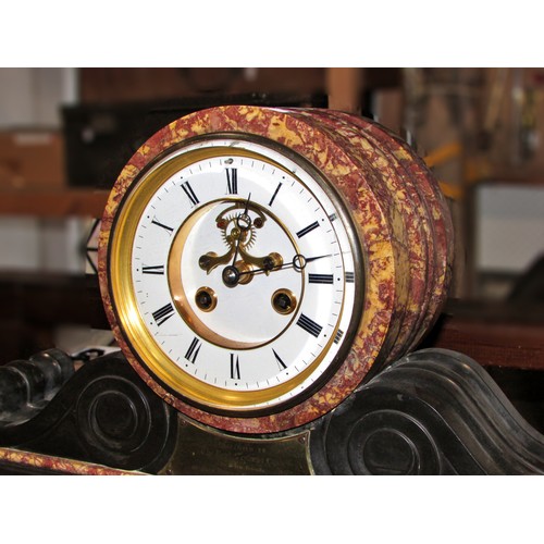 448A - A large Victorian polished slate and marble mantle clock, with applied presentation script