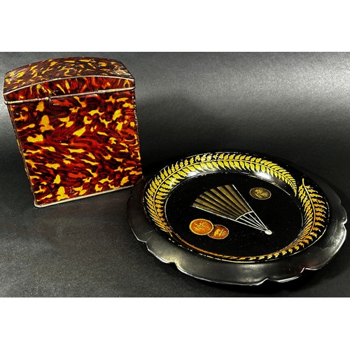 504 - A large mustard coloured tin tea canister / caddy 45cm high together with, a tin tortoise shell tea ... 