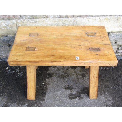 1073 - An old wooden pig bench on four square oak pegged supports, 77cm x 44cm x 48 cm high.