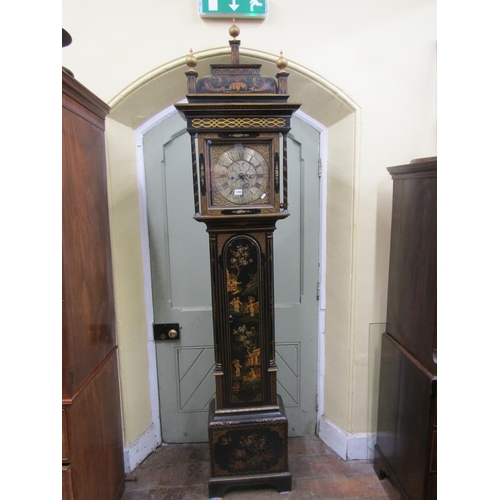 1355 - An 18th century oak longcase clock with black chinoiserie finish, with pagoda hood enclosing a squar... 