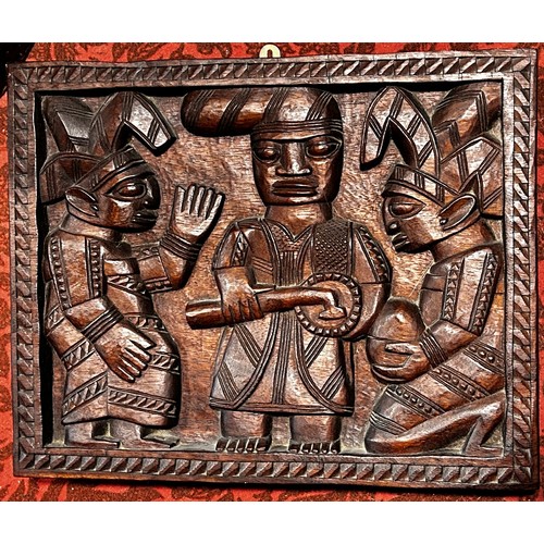 1734 - Attributed to the Fakeye group, a Yoruba / Nigerian carved hardwood figural panel, depicting three f... 