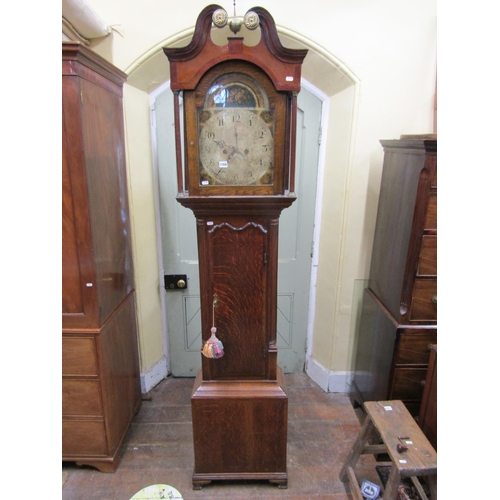 1356 - A Georgian oak longcase clock, the hood with swan neck pediment enclosing a broken arch painted dial... 