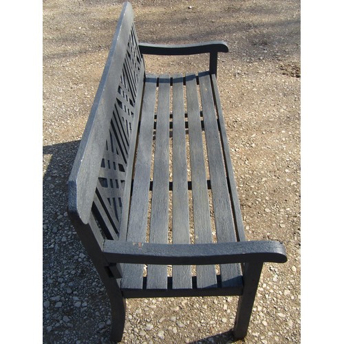 45 - A Rayburn painted teak three seat garden bench with slatted seat and lattice panelled back (af) 160 ... 