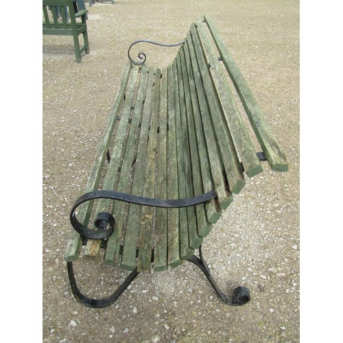 61 - A vintage heavy gauge park/estate  garden bench with weathered green painted teak slatted seat raise... 