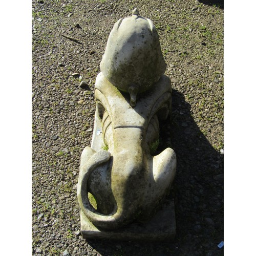 68 - A weathered cast composition Sphinx terrace/pier ornament 50 cm high x 74 cm long x 29 cm wide