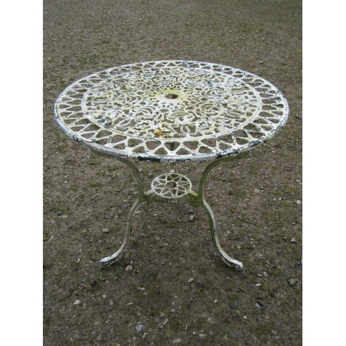 96 - A cast alloy three piece garden terrace set comprising a circular top table and two matching chairs ... 