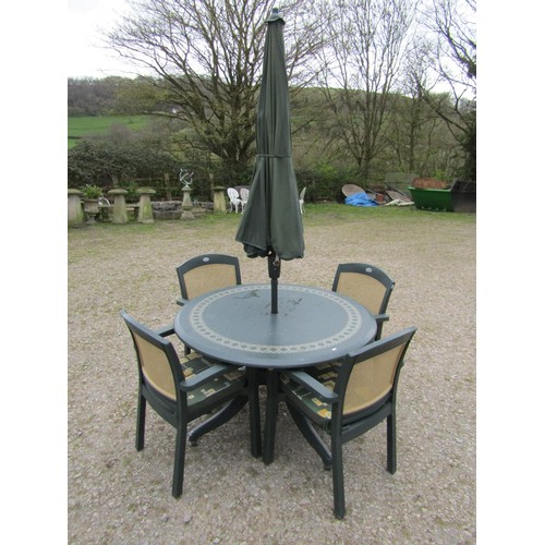 75 - A moulded plastic patio set by Hartman consisting of a circular top table, 120 cm diameter raised on... 