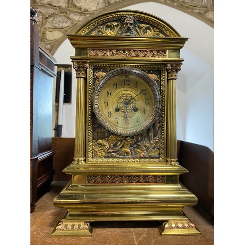 445 - A large 19th century French brass cased bracket clock, the architectural casework decorated with gil... 