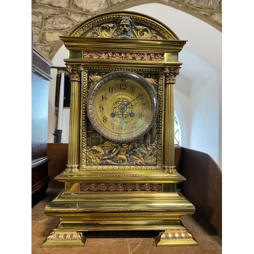 445 - A large 19th century French brass cased bracket clock, the architectural casework decorated with gil... 