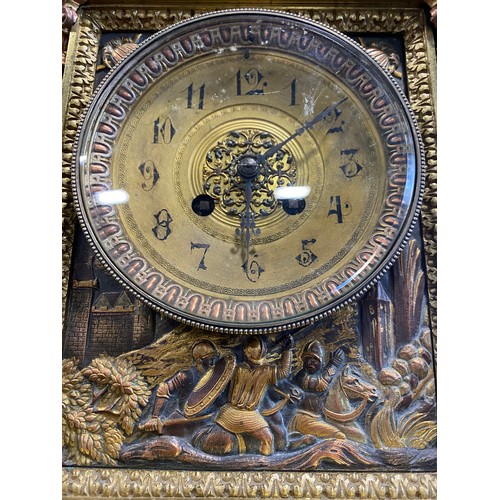 445 - A large 19th century French brass cased bracket clock, the architectural casework decorated with gil... 