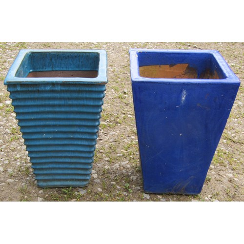 118 - Two contemporary blue and turquoise glazed square tapered planters one with ribbed detail, the sligh... 