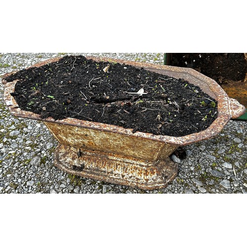 125 - A pair of well weathered antique French cast iron lozenge shaped planters (af) 24 cm high x 63 cm lo... 