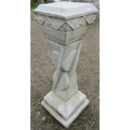 129 - An Art Deco style cast composition stone pedestal of square tapered and stepped form with geometric ... 