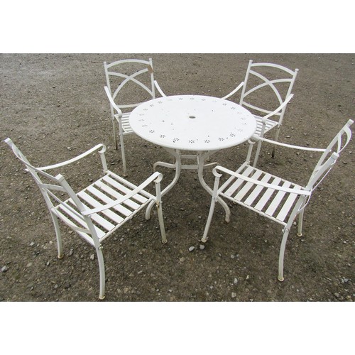 150 - A cream painted cast alloy garden terrace table the circular top with pierced petal detail 90- cm di... 