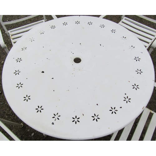 150 - A cream painted cast alloy garden terrace table the circular top with pierced petal detail 90- cm di... 