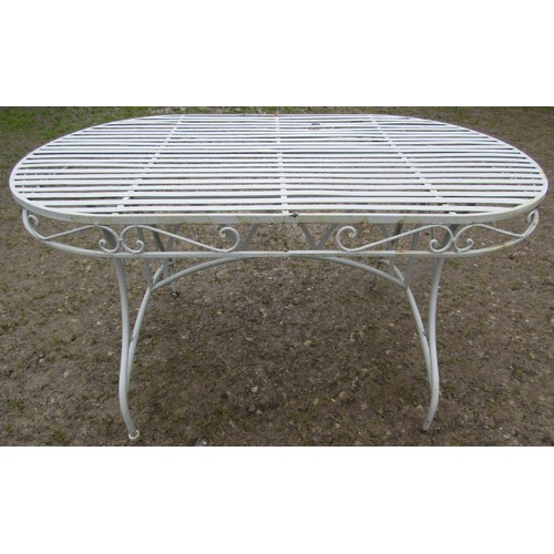 166 - A light blue grey seven piece garden terrace set comprising table of oval form with strap work top 1... 