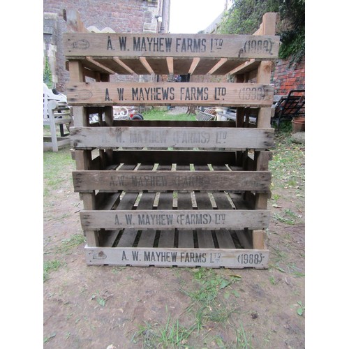 222 - Six rustic wooden rectangular vegetable/fruit trays with slatted bases all with printed marks, 76 x ... 