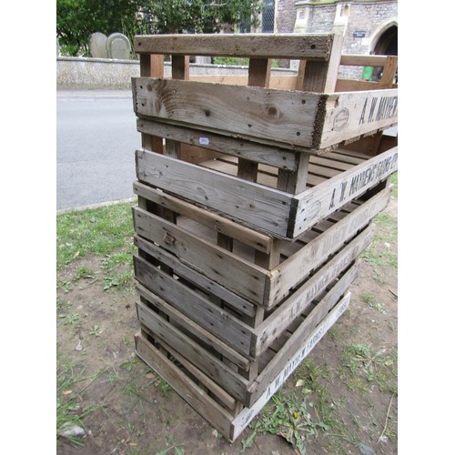 222 - Six rustic wooden rectangular vegetable/fruit trays with slatted bases all with printed marks, 76 x ... 