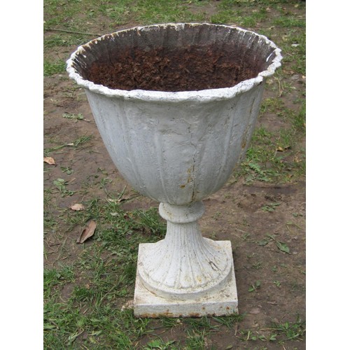 262 - An old painted cast iron garden urn, the circular tapered bowl with crimped edge and fixed socle, wi... 