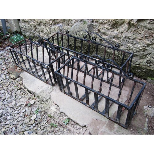 241 - Three simple iron work window boxes/flower troughs with open tapered slatted frames with simple deco... 