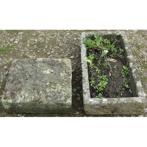 163 - A weathered rectangular natural stone trough, 17cm high, 73cm x 39cm together with an associated wea... 