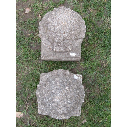 263 - A pair of small weathered cast composition stone pier caps with pineapple finials, 32cm high x 18cm ... 