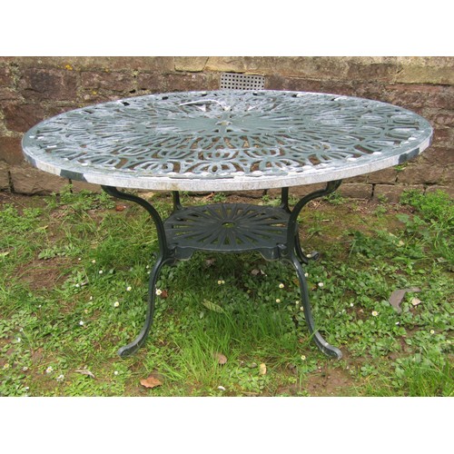 271 - A heavy gauge green painted cast alloy five piece garden terrace set comprising oval two tier table ... 