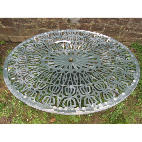 271 - A heavy gauge green painted cast alloy five piece garden terrace set comprising oval two tier table ... 