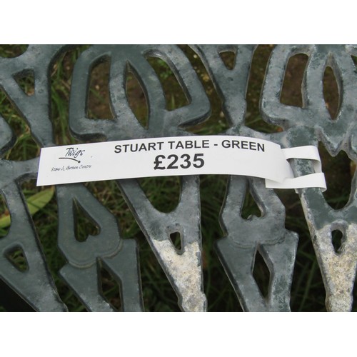 271 - A heavy gauge green painted cast alloy five piece garden terrace set comprising oval two tier table ... 