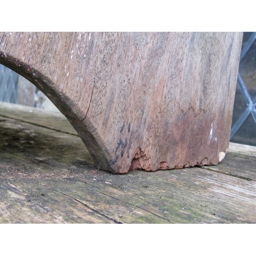 225 - A weathered rustic hardwood two seat garden bench with simple pegged framework (will easily dismantl... 