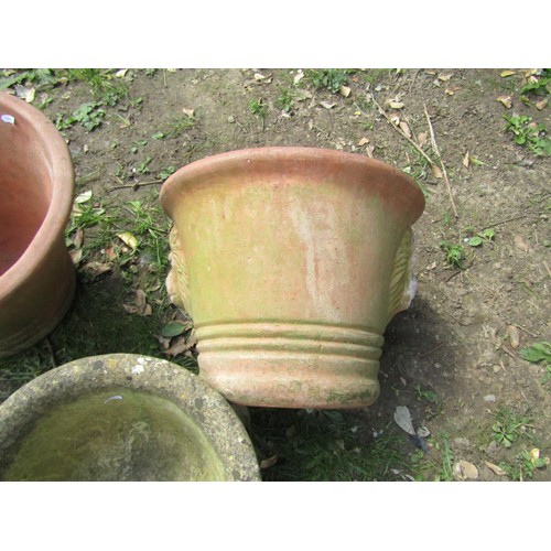 237 - A pair of weathered terracotta garden planters of circular tapered form with lions mask detail 30 cm... 