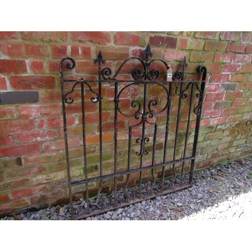 266 - A heavy gauge iron gate with decorative open scroll work detail and spearhead finials, 121cm high x ... 