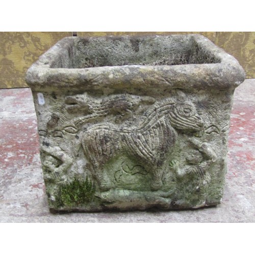 Two Medieval Style Weathered Cast Composition Stone Garden Planters 