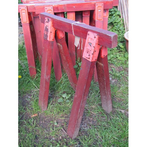 122 - Ten stained pine fixed A framed trestles 73 cm high x 70 cm wide