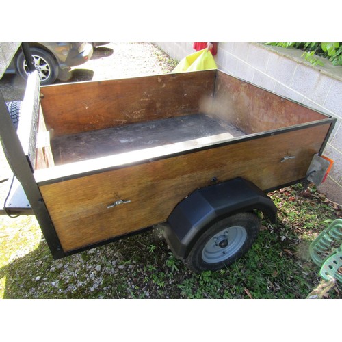 200 - A two wheel car trailer with wooden body and steel framework, the main bed 154 x 123cm, 42cm high