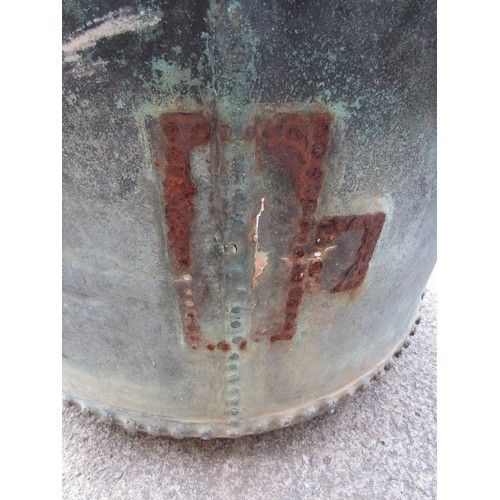 539 - A substantial and impressive weathered antique studded copper hopper / cauldron with flared rim and ... 