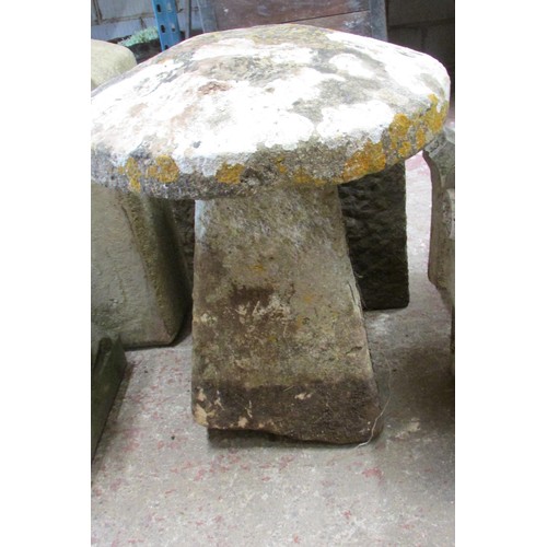 507 - A weathered carved natural stone staddle stone and associated cap, 70cm high, 60cm diameter.