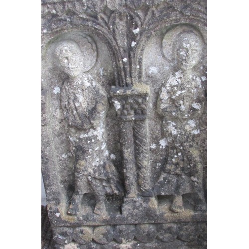 531 - A weathered carved limestone panel in the old English / medieval style, decorated with stylised figu... 