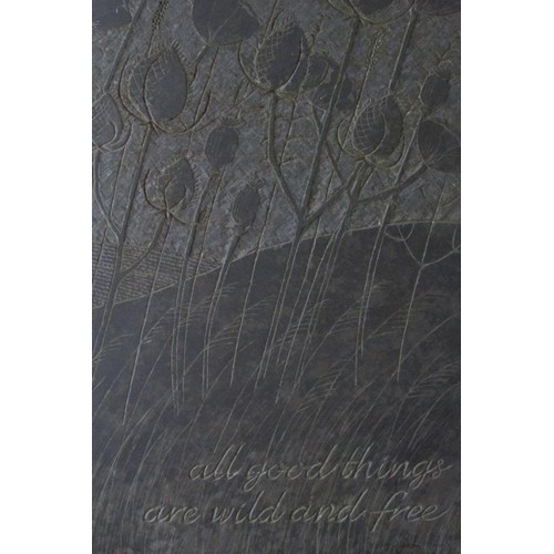 537 - A carved slate panel with carved thistles and poppies design in a contoured landscape - 'All good th... 