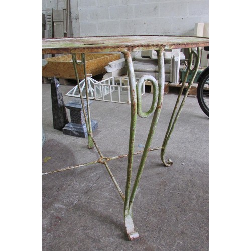 541 - A weathered rustic painted metalwork patio / garden table, with tubular framework, 70cm high, 95cm d... 